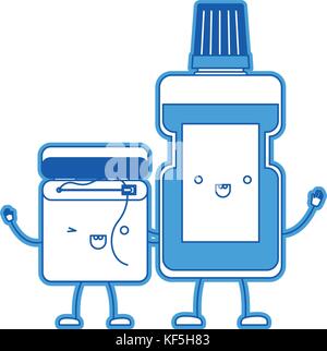 dental floss and mouthwash in cartoon holding hands in blue silhouette Stock Vector