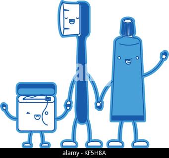 dental floss and toothbrush and toothpaste in cartoon holding hands in blue silhouette Stock Vector