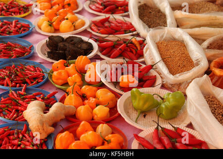 Several chili peppers and spices being sold at a street market in Brazil Stock Photo