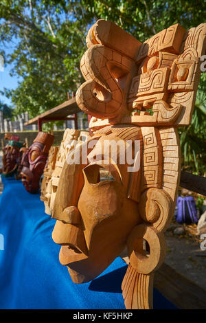 Chichen itza Mayan handcrafted wooden masks in Yucatan Mexico Stock Photo