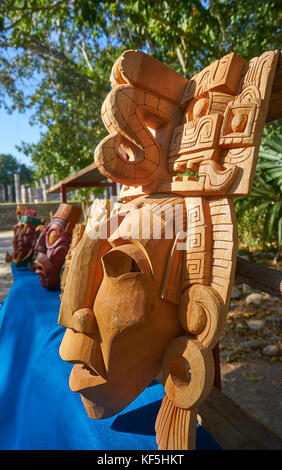 Chichen itza Mayan handcrafted wooden masks in Yucatan Mexico Stock Photo