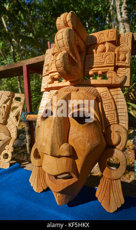 Chichen itza Mayan handcrafted wooden masks in Yucatan Mexico Stock Photo