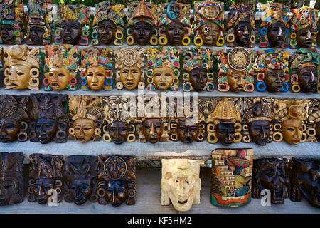 Chichen itza Mayan handcrafted wooden masks in Yucatan Mexico Stock Photo