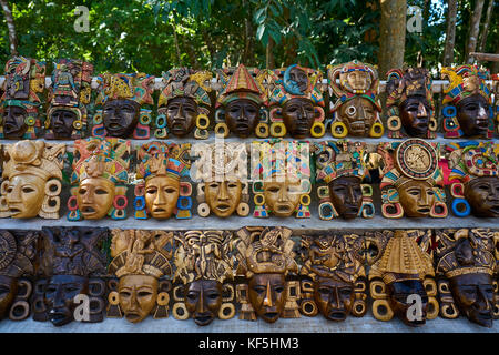 Chichen itza Mayan handcrafted wooden masks in Yucatan Mexico Stock Photo