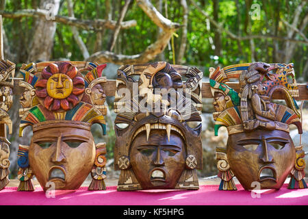 Chichen itza Mayan handcrafted wooden masks in Yucatan Mexico Stock Photo