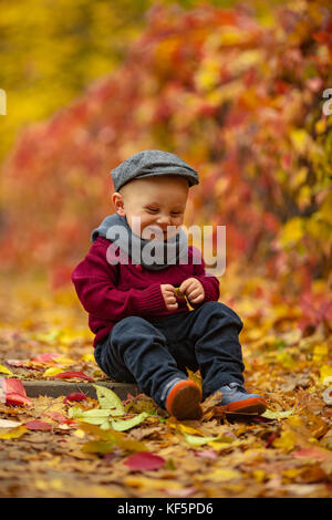 Little smiling child boy wearing hat, scarf and sweater sits in park among fallen leaves and holds yellow leaf in his hands on colorful autumn backgro Stock Photo