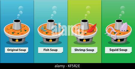 Set of Traditional spicy Thai herb soup on hot pot, vector Stock Vector