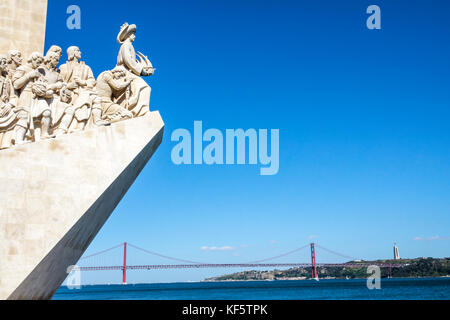 Lisbon Portugal,Belem,Tagus River,Padrao dos Descobrimentos,Monument of the Discoveries,Henry the Navigator,waterfront,Ponte 25 de Abril,25th of April Stock Photo