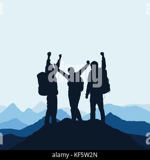 Vector illustration of a mountain landscape with realistic silhouettes of three mountain climbers on the top of a mountain with victorious gesture und Stock Vector