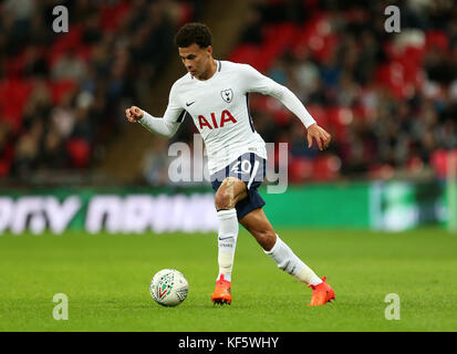 Tottenham Hotspur's Dele Alli during the Carabao Cup, Fourth Round match at Wembley, London. PRESS ASSOCIATION Photo. Picture date: Wednesday October 25, 2017. See PA story SOCCER Tottenham. Photo credit should read: Steven Paston/PA Wire. RESTRICTIONS: No use with unauthorised audio, video, data, fixture lists, club/league logos or 'live' services. Online in-match use limited to 75 images, no video emulation. No use in betting, games or single club/league/player publications.