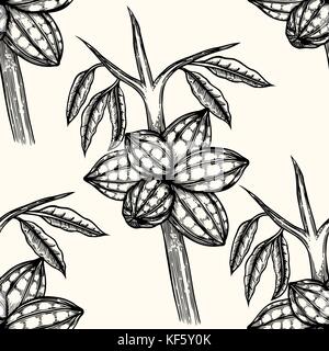 Vector seamless pattern of cocoa beans and leaves. Hand drawn engraved art. Healthy beauty hair nutrition. design your fashion care products, branding Stock Vector