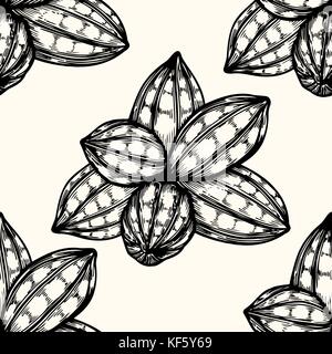 Vector seamless pattern of cocoa beans and leaves. Hand drawn engraved art. Healthy beauty hair nutrition. design your fashion care products, branding Stock Vector