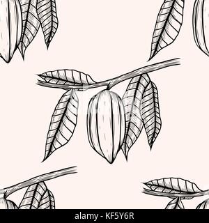 Seamless pattern with leaves and fruits of cocoa beans. Vintage black vector hand drawn engraving illustration. Isolated on white background. Stock Vector