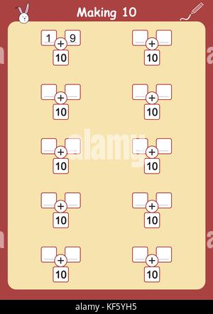 Ways to make 10, addition worksheet for kids Stock Vector