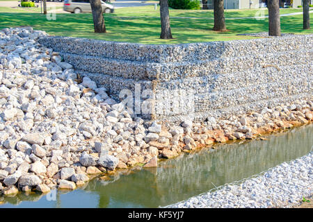 Reinforced drainage canal with rock reinforcement providing rain runoff control in Oklahoma City, Oklahoma, USA. Stock Photo