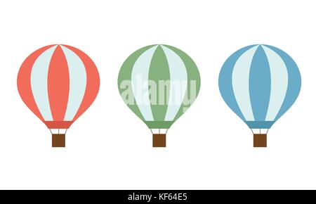 Set of colorful hot air balloons of red green and blue colors with a basket and ropes isolated on white background - vector Stock Vector