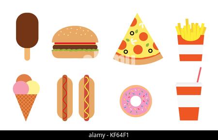 Colorful vector set of different fast food, isolated on white background Stock Vector