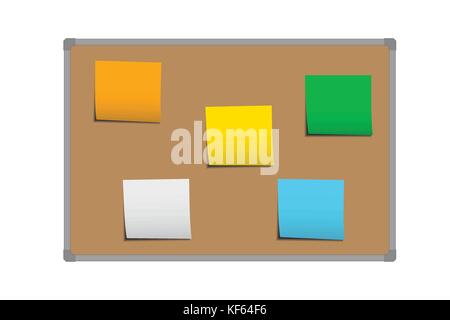 Realistic vector illustration of brown cork board with frame and stickers for memorization, notes and messages isolated on white background Stock Vector