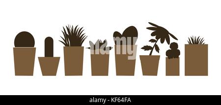 Set of vector illustrations and silhouettes of flower pots with cacti and plants isolated on white background Stock Vector