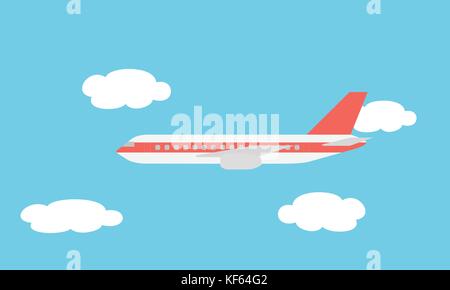 View of the large and fast line airliner flying among the clouds in the blue sky - vector Stock Vector