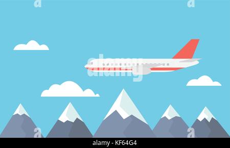 View of a large and fast airliner flying over the mountains between clouds on a blue sky - vector Stock Vector
