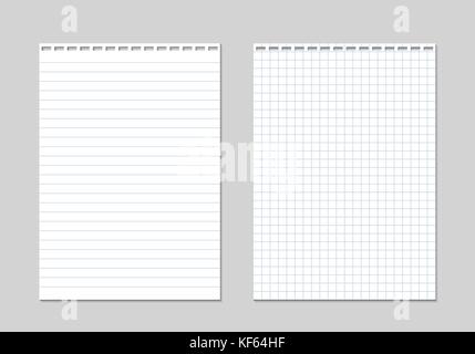 Set of two realistic vector illustration of blank sheets of square and lined paper from a block isolated on a gray background with shadows Stock Vector