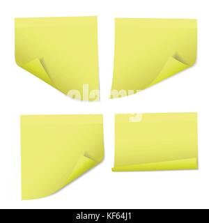 Set of vector realistic illustrations of yellow note papers with bent corners isolated on white background Stock Vector