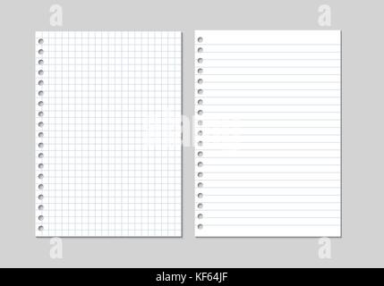 Set of two realistic vector illustration of blank sheets of square and lined paper from a block isolated on a gray background with shadows Stock Vector