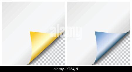 Set of two realistic vector colorful metallic shiny curled paper corners with transparent background Stock Vector