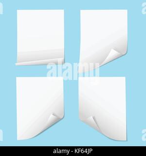 Set of realistic vector illustrations of an empty sheet of paper with a bent corner, isolated on a blue background Stock Vector