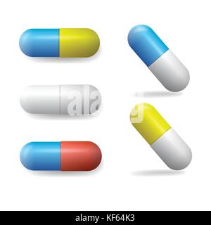 Set of vector colored capsules of medicines and pills isolated on white background Stock Vector