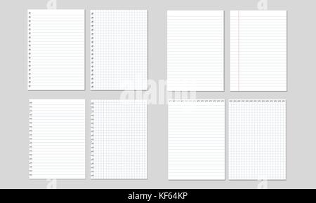 Set of vector illustrations of sheets of paper lined and square, isolated on white background Stock Vector