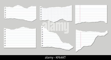 Set of Vector Illustrations of torn pages of notebook paper lined and square with shadows Stock Vector