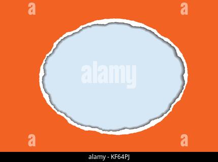 vector realistic illustration of orange torn paper with shadow and circular shaped hole on blue background with frame for text Stock Vector