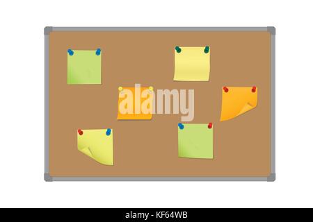 Vector illustration of a set of colored sticky papers pinned with colored pin on a cork board Stock Vector