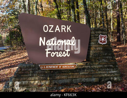 Ozark Mountains, Arkansas in the Fall. Ozark National Forest sign on Country road AR-103, north of Clarksville, Arkansas, USA. Stock Photo