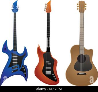 Electric Rock Guitar, Bass Guitar and Acoustic Guitar Vector Illustration Stock Vector