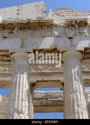 The Parthenon. East façade view without scaffolding. Detail of the metopes and the frieze sculptures. Stock Photo