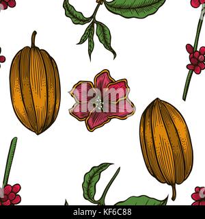Vector seamless pattern of cocoa beans and leaves. Hand drawn colored engraved art. design your fashion care products, branding, identity, advertiseme Stock Vector