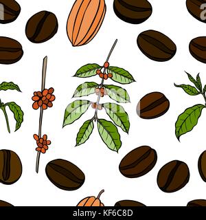 Vector seamless pattern of cocoa beans and leaves. Hand drawn colored engraved art. design your fashion care products, branding, identity, advertiseme Stock Vector