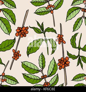 Vector seamless pattern of cocoa beans and leaves. Hand drawn colored engraved art. design your fashion care products, branding, identity, advertiseme Stock Vector
