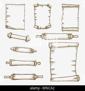 Vector set of the old scrolls stylized as engraving. Stock Vector