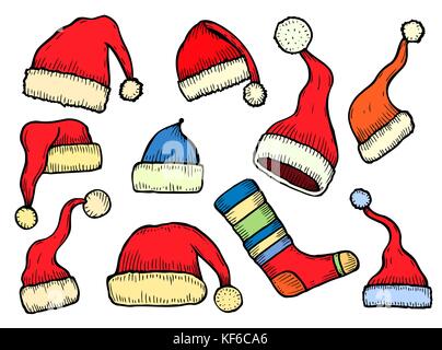 Winter clothes. Santa stocking cap. Knitted hats and Scarfs. Stock Vector