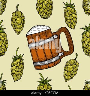 Seamless background with a pattern of hand drawn old wooden barrels for beer Stock Vector