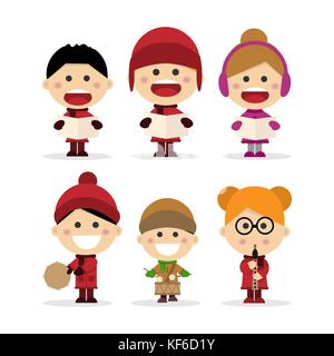 Group of children singing Christmas carols on white background. Vector illustration Stock Vector