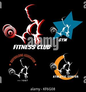 Body building emblem set with athletic man intensive training. Vector illustration Stock Vector