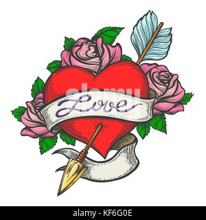 Heart Pierced by arrow with ribbon and handmade lettering Love drawn in tattoo style. Vector illustration Stock Vector