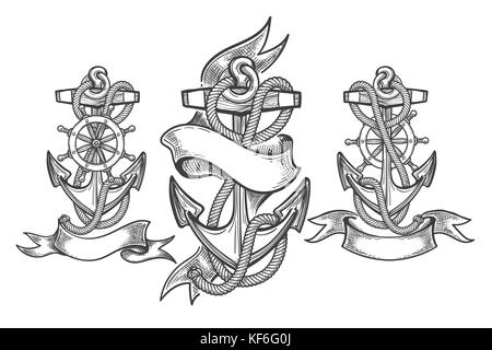 Hand Drawn Anchor Set. Three anchors with ribbons in tattoo style. Vector illustration. Stock Vector