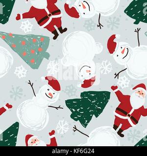 Seamless pattern with Santa, snowmen and Christmas trees Stock Vector