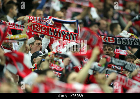 Leipzig, Germany. 25th Oct, 2017. Leipzig fans in the stands during the DFB Cup soccer match between RB Leipzig and Bayern Munich in Leipzig, Germany, 25 October 2017. Credit: Jan Woitas/dpa-Zentralbild/dpa/Alamy Live News Stock Photo